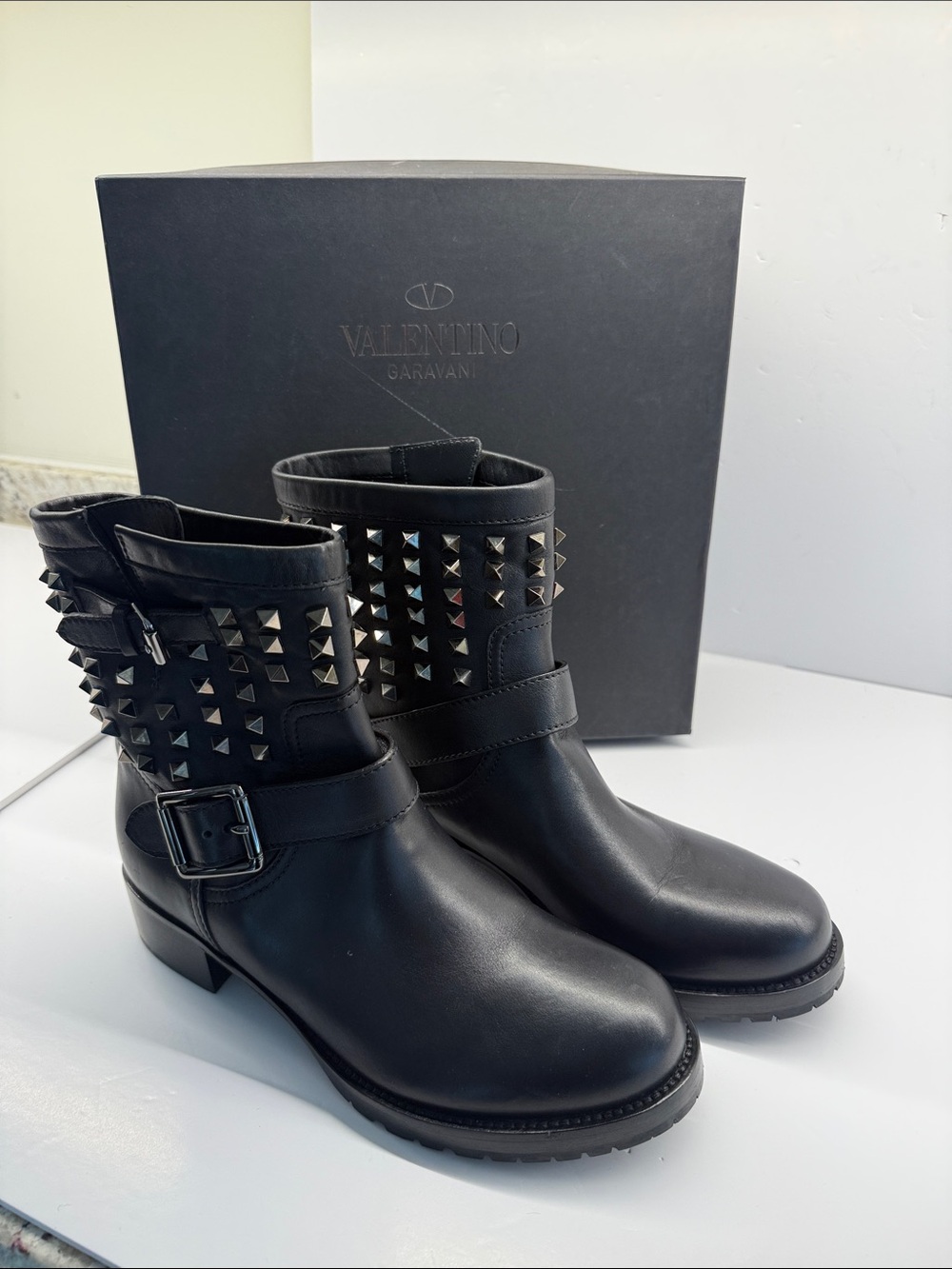 Valentino Garavani Black Studded Leather Mid-Calf Boots